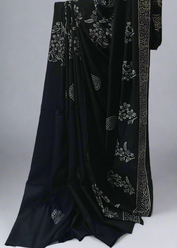Night Garden Black Floral Block Print Saree
