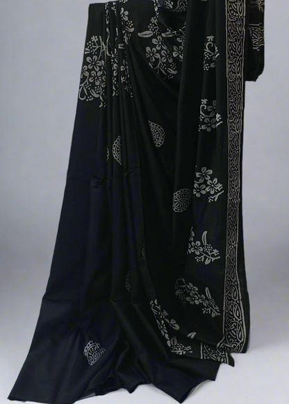 Night Garden Black Floral Block Print Saree