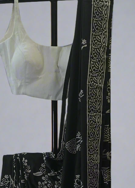 Night Garden Black Floral Block Print Saree