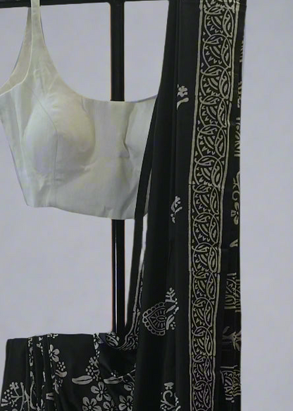 Night Garden Black Floral Block Print Saree