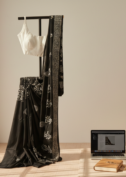Night Garden Black Floral Block Print Saree
