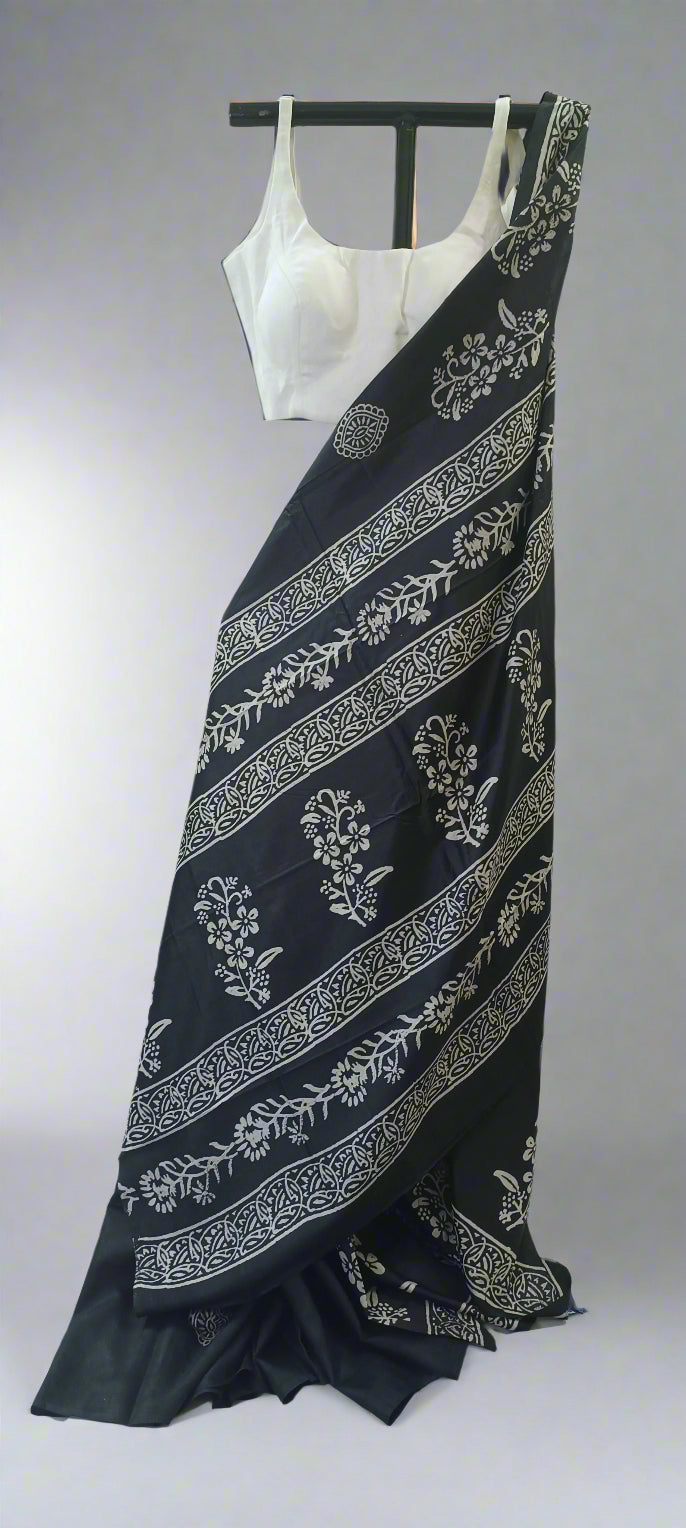 Night Garden Black Floral Block Print Saree