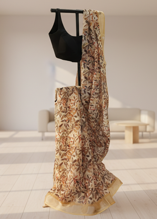 Patralekha Linen Saree with Leaf Print