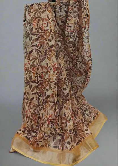 Patralekha Linen Saree with Leaf Print