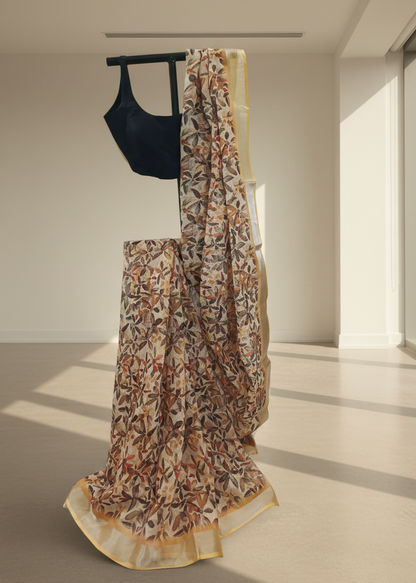 Patralekha Linen Saree with Leaf Print