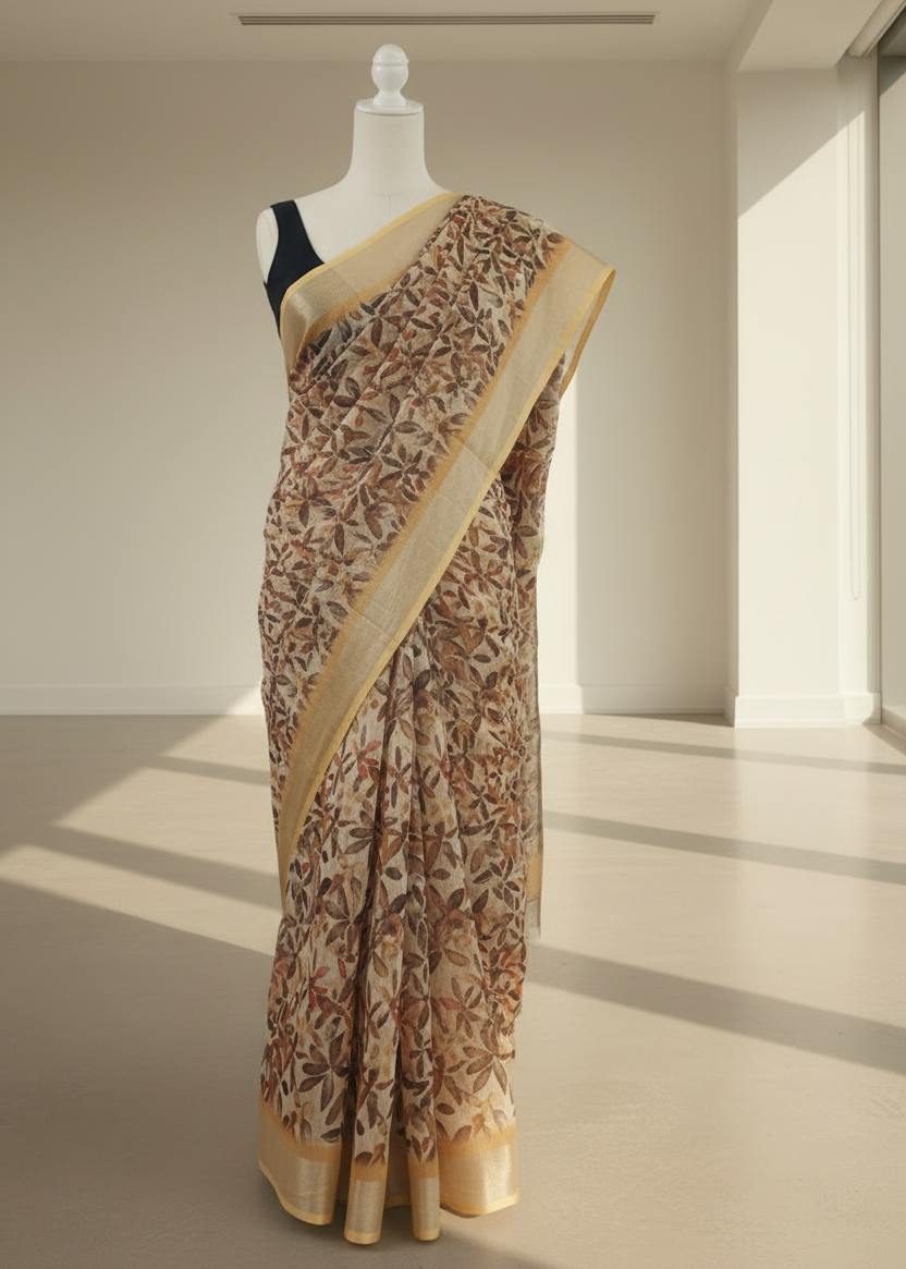 linen Saree with floral pattern on a mannequin against a neutral background