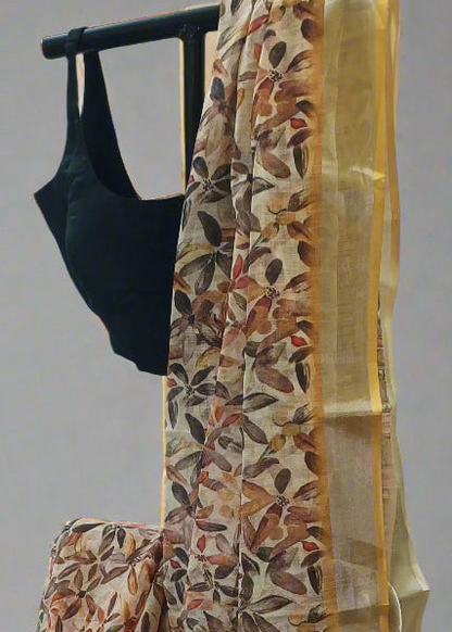 Patralekha Linen Saree with Leaf Print