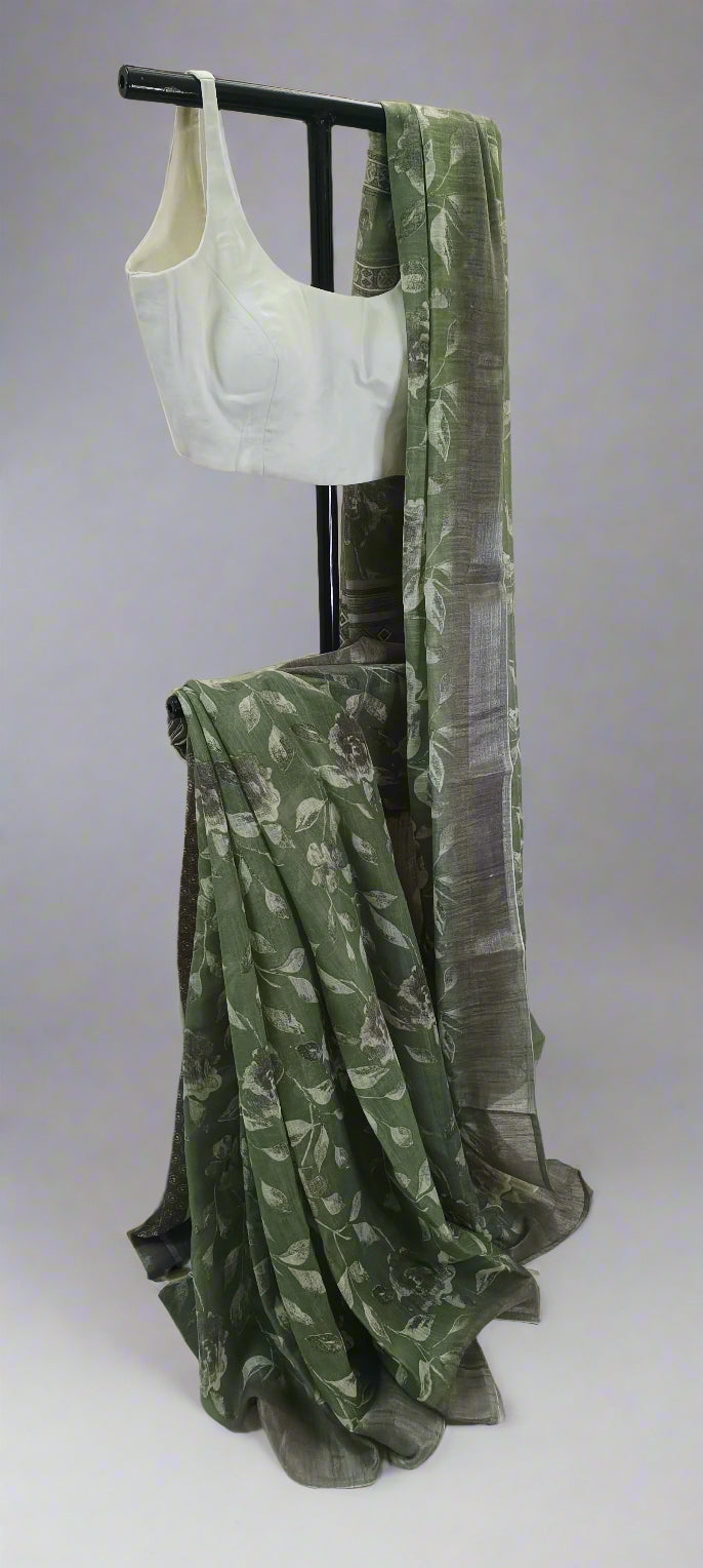 Vanashree Linen Saree with Sepia Floral Print