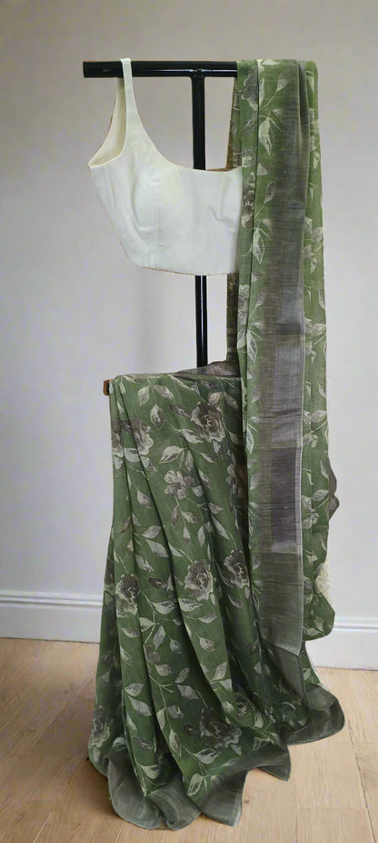 Vanashree Linen Saree with Sepia Floral Print