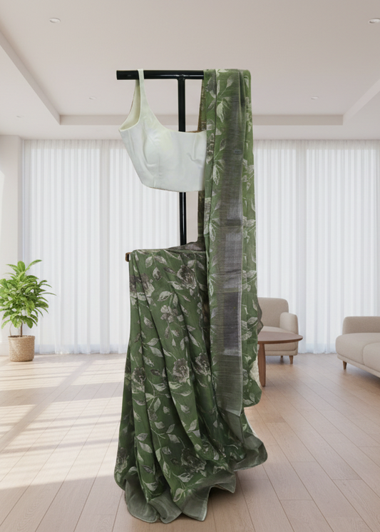 Vanashree Linen Saree with Sepia Floral Print