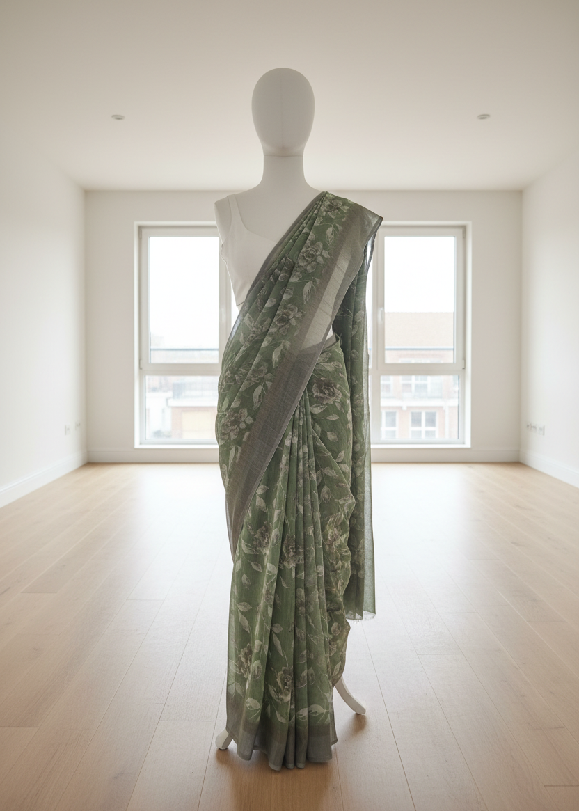 Green linen saree on a mannequin against a white wall with windows