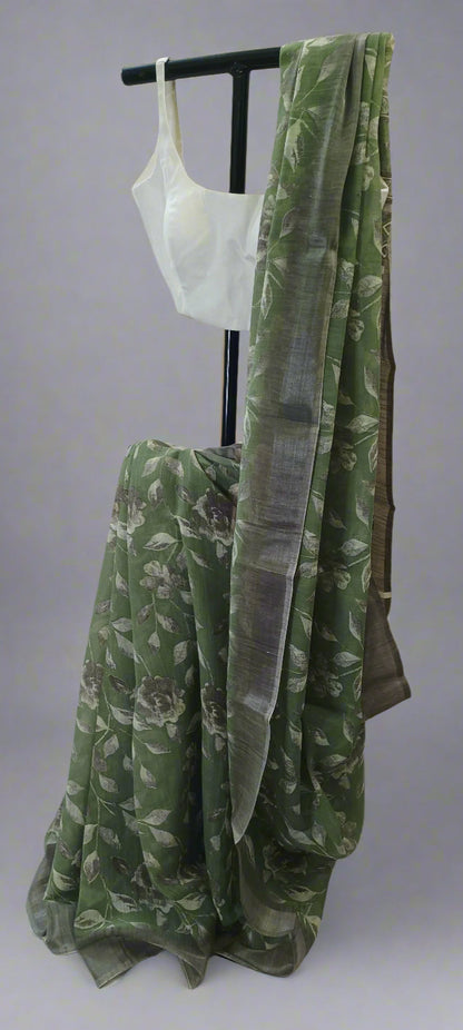 Vanashree Linen Saree with Sepia Floral Print