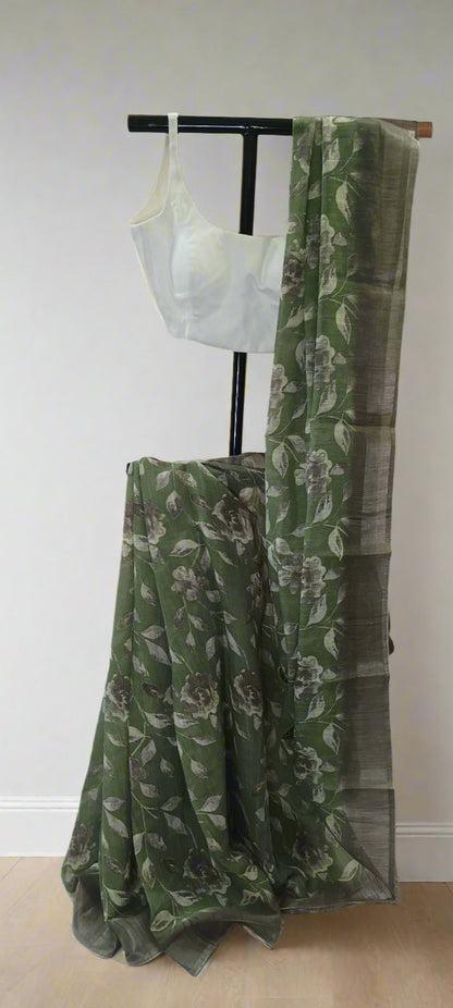 Vanashree Linen Saree with Sepia Floral Print