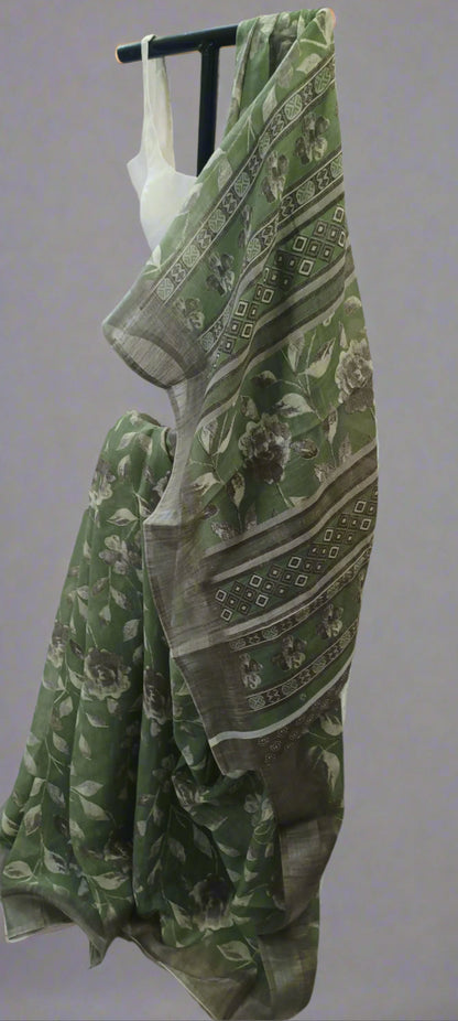 Vanashree Linen Saree with Sepia Floral Print