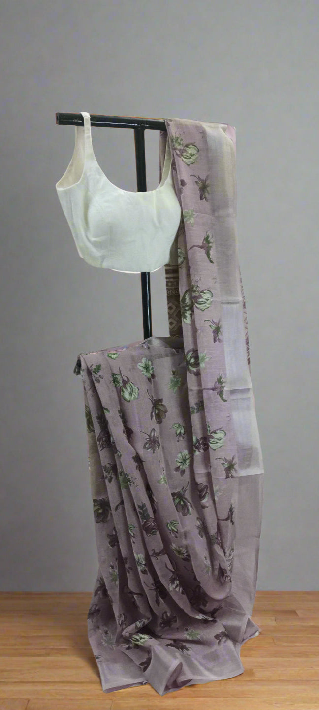 Lilac Smoke Printed Linen Saree
