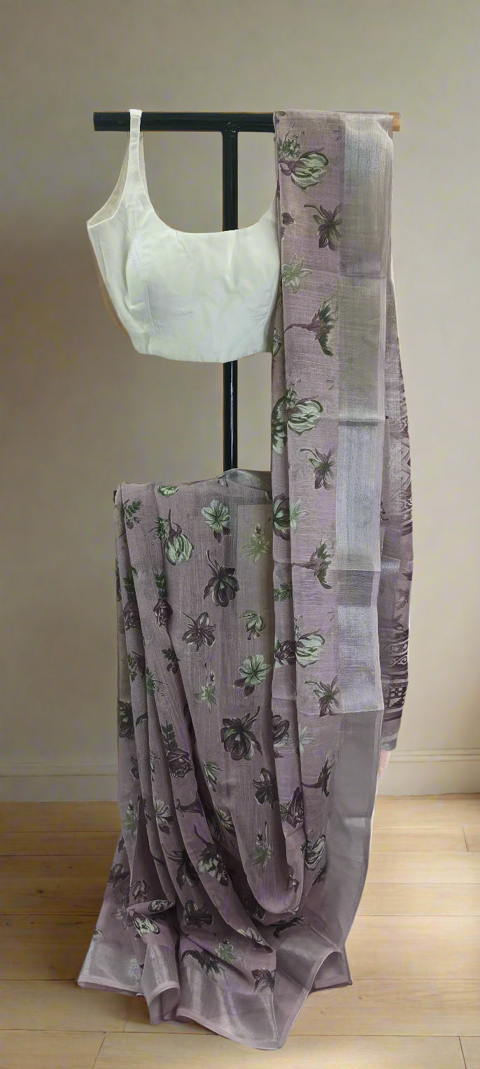 Lilac Smoke Printed Linen Saree
