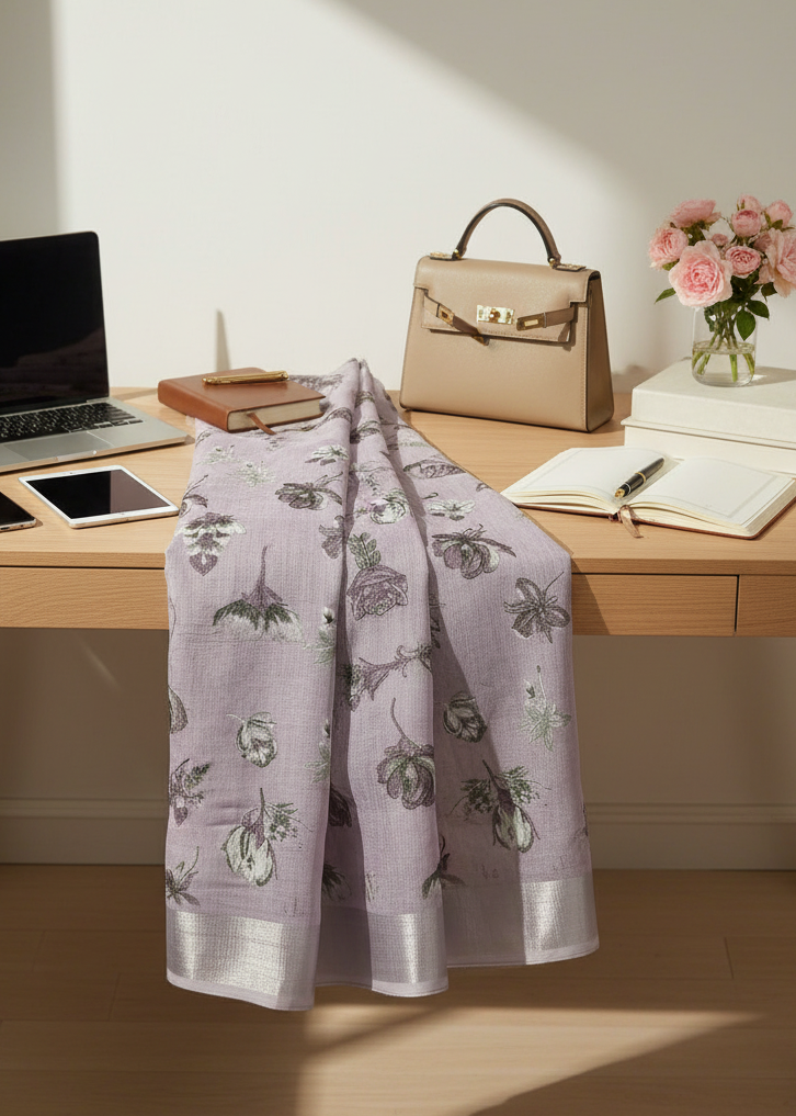 Lilac Smoke Printed Linen Saree