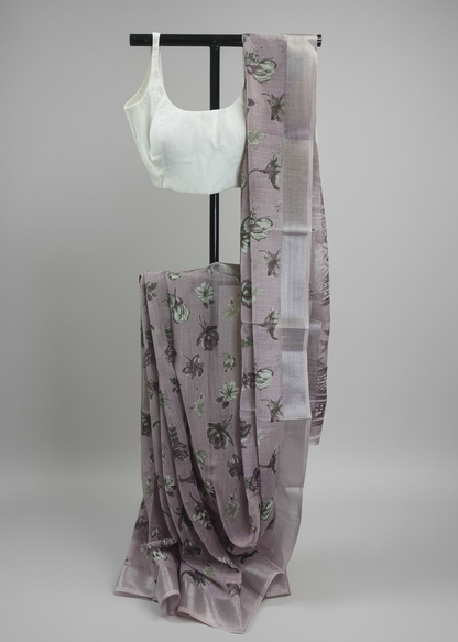 Lilac Smoke Printed Linen Saree