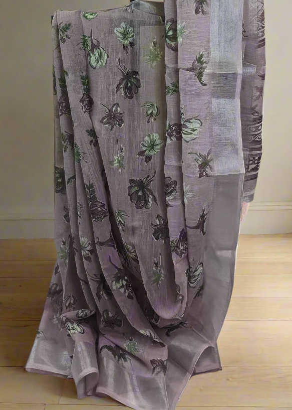 Lilac Smoke Printed Linen Saree