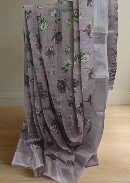 Lilac Smoke Printed Linen Saree