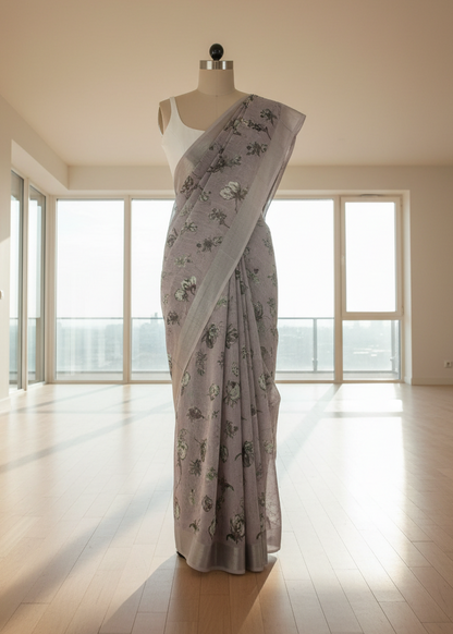 Gray linen saree with floral patterns on a mannequin against a large window backdrop