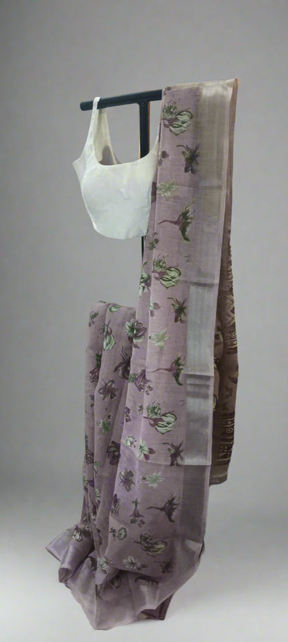 Lilac Smoke Printed Linen Saree