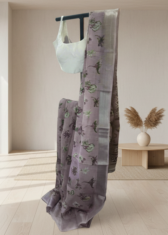 Lilac Smoke Printed Linen Saree