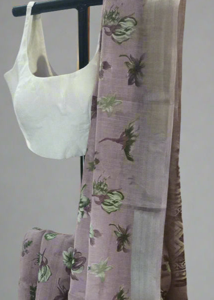 Lilac Smoke Printed Linen Saree