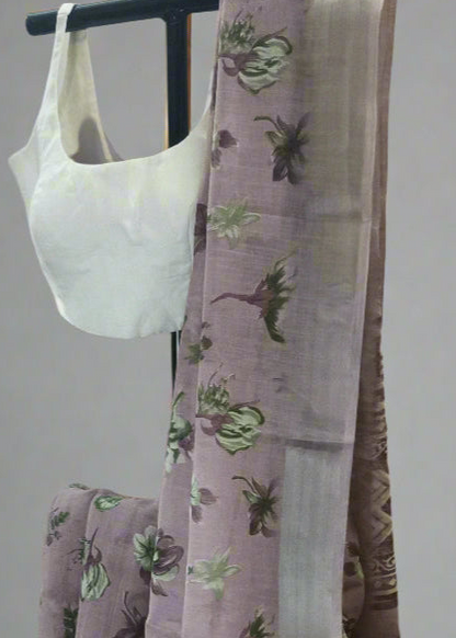 Lilac Smoke Printed Linen Saree