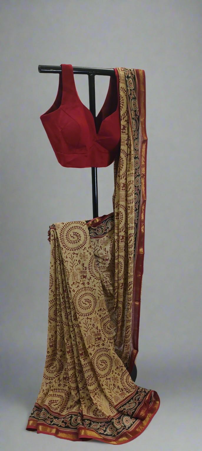 Tamal Gold Maheshwari Dhabu Print Saree