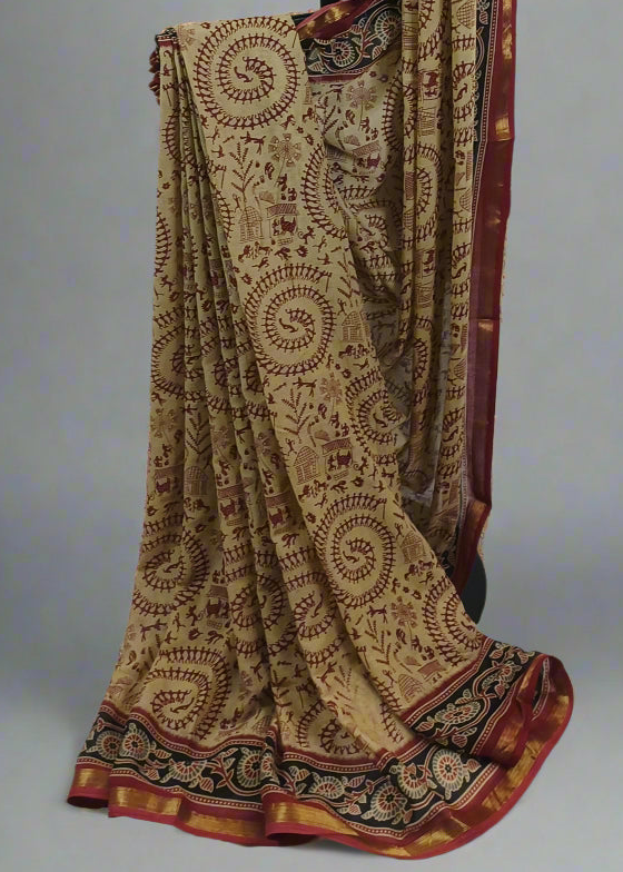 Tamal Gold Maheshwari Dhabu Print Cotton Saree