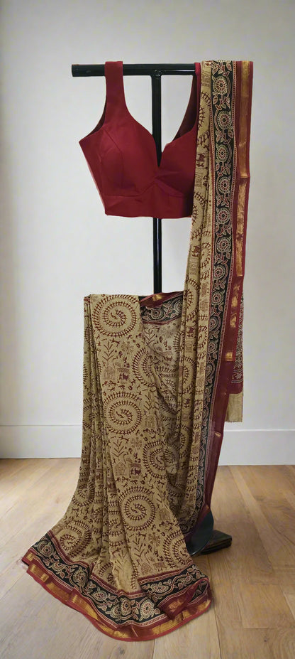 Tamal Gold Maheshwari Dhabu Print Saree