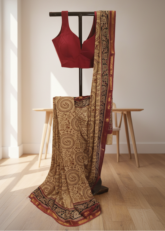 Tamal Gold Maheshwari Dhabu Print Saree