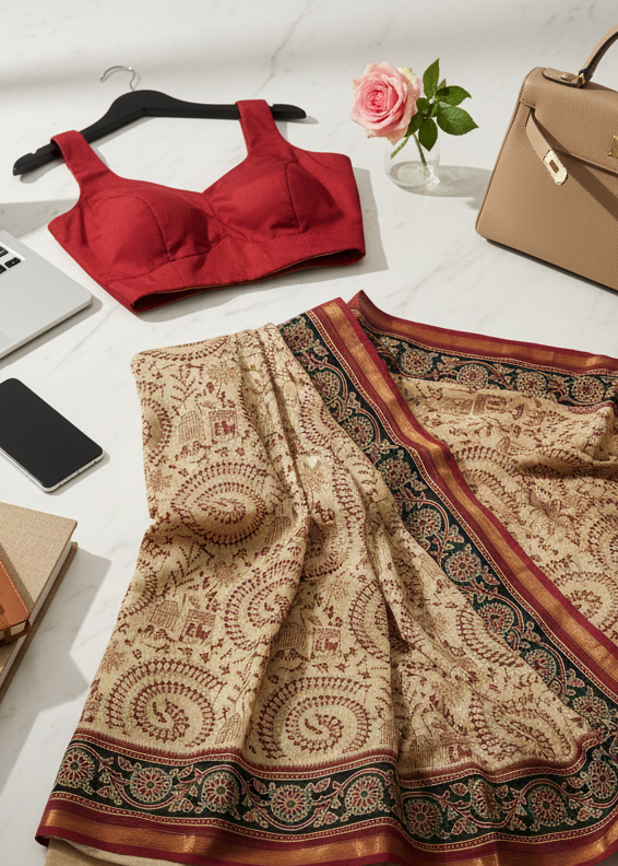 Tamal Gold Maheshwari Dhabu Print Cotton Saree