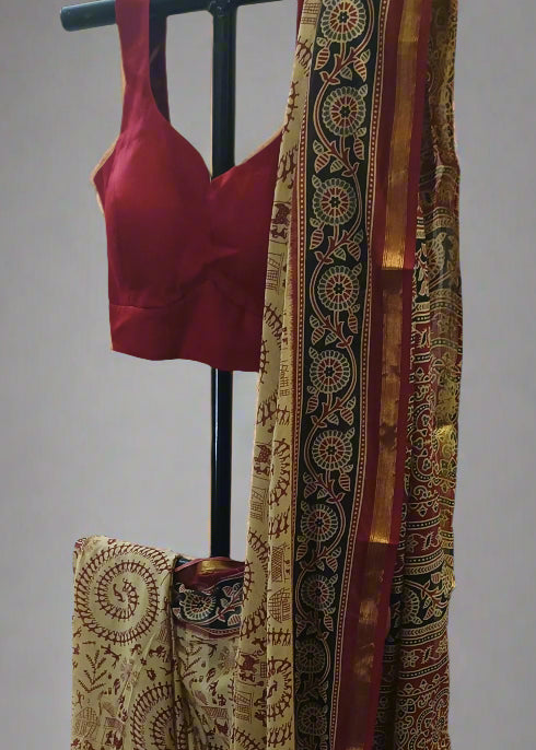 Tamal Gold Maheshwari Dhabu Print Cotton Saree