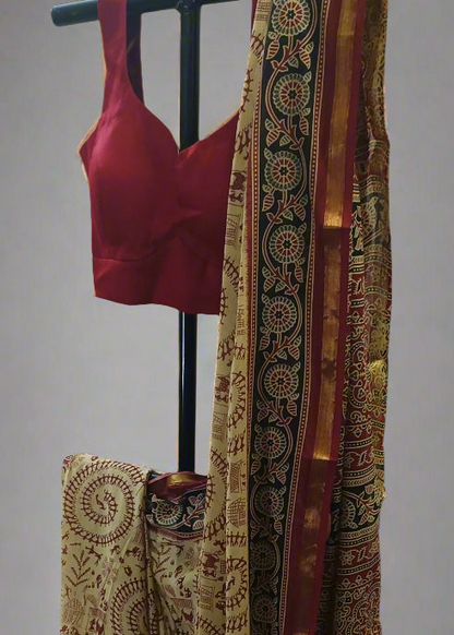 Tamal Gold Maheshwari Dhabu Print Cotton Saree