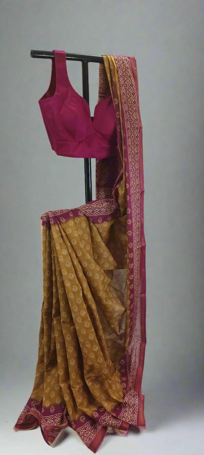 Gulmohar Rust Maheshwari Dhabu Print Saree