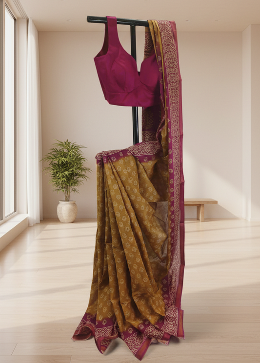 Gulmohar Rust Maheshwari Dhabu Print Saree