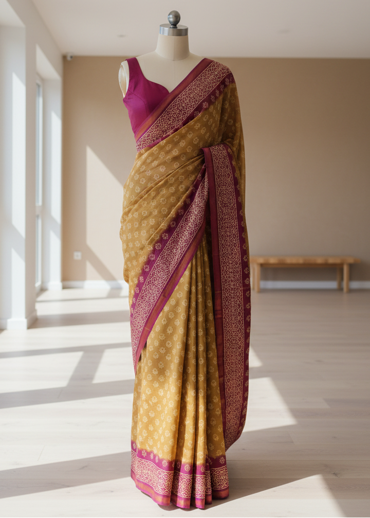Mannequin wearing a yellow cotton saree with a red border in a bright room.