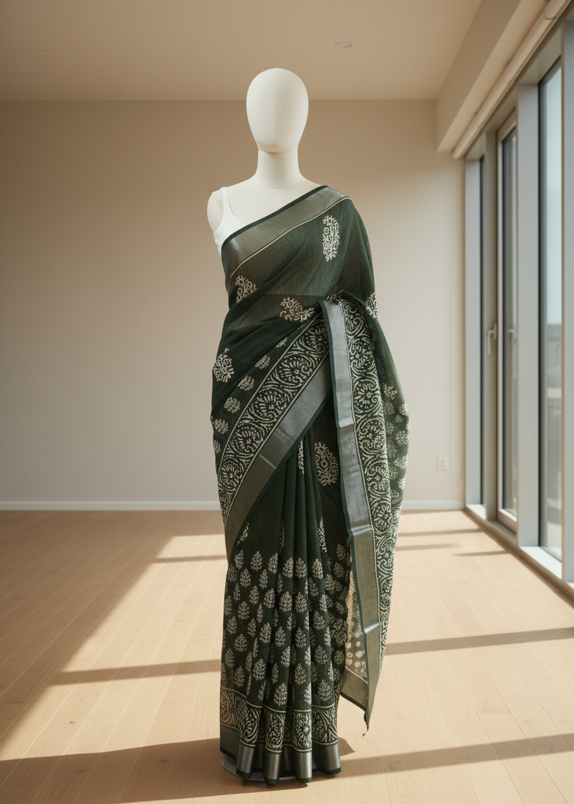 Mannequin wearing a dark green linen saree with intricate patterns in a room with large windows.