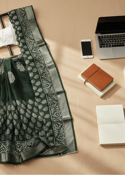 Aranya Vriksha Hand-Printed Linen Saree