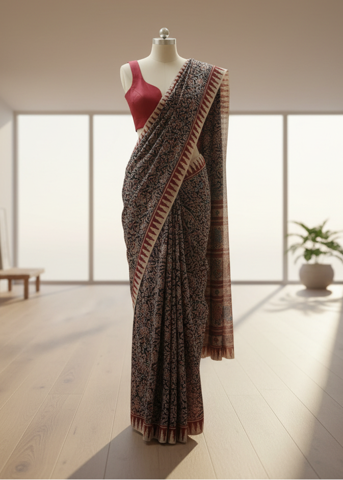 kalamkari cotton Saree on a mannequin with a red blouse in a bright room.