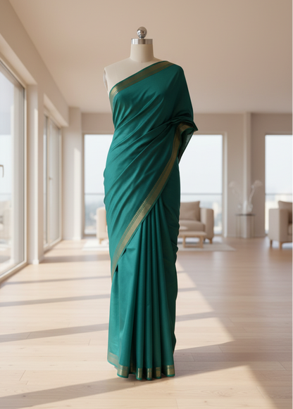Teal cotton saree on a mannequin in a bright room with large windows.
