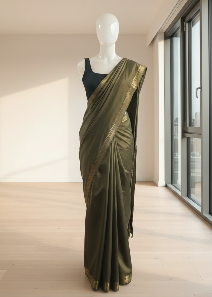 Mannequin wearing a green saree with a gold border in a room with large windows.