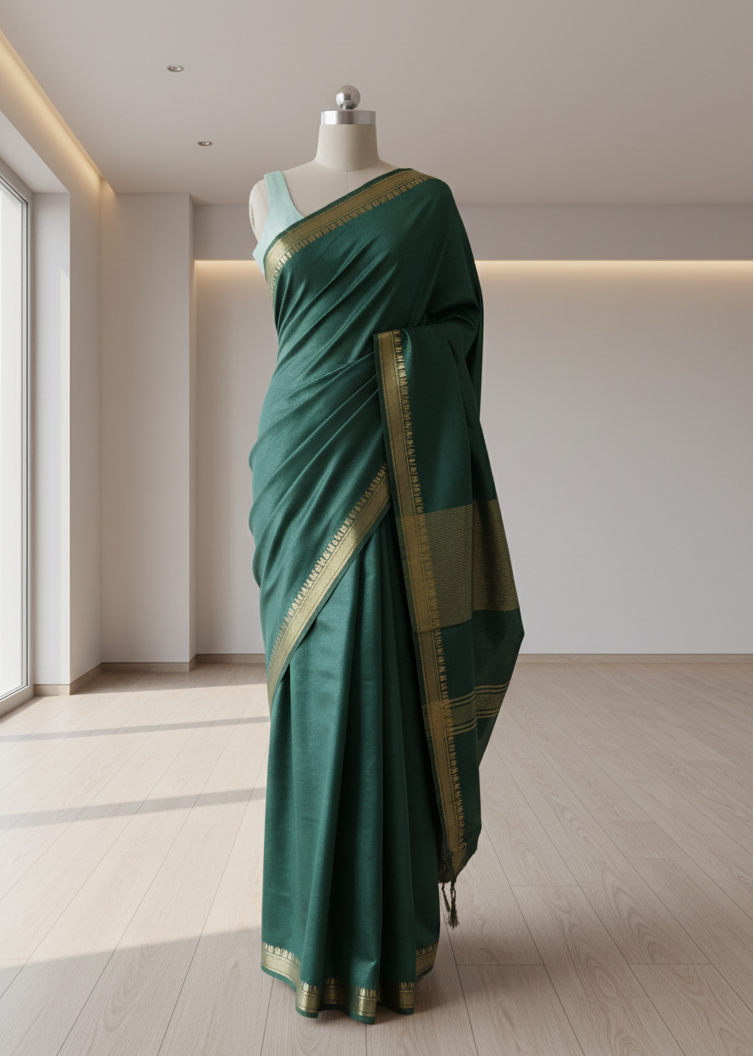 Green cotton saree with gold border on a mannequin against a white wall.