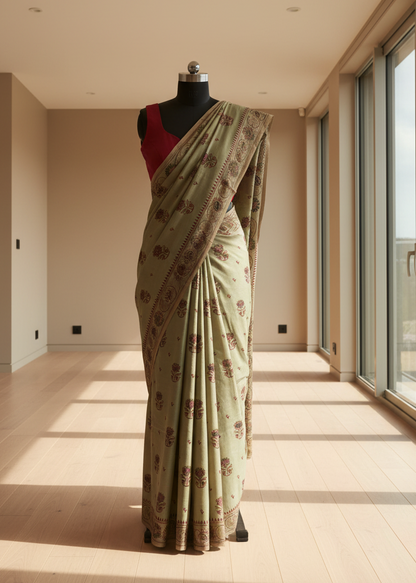 Light beige cotton saree with a floral pattern on a mannequin in a room with large windows.