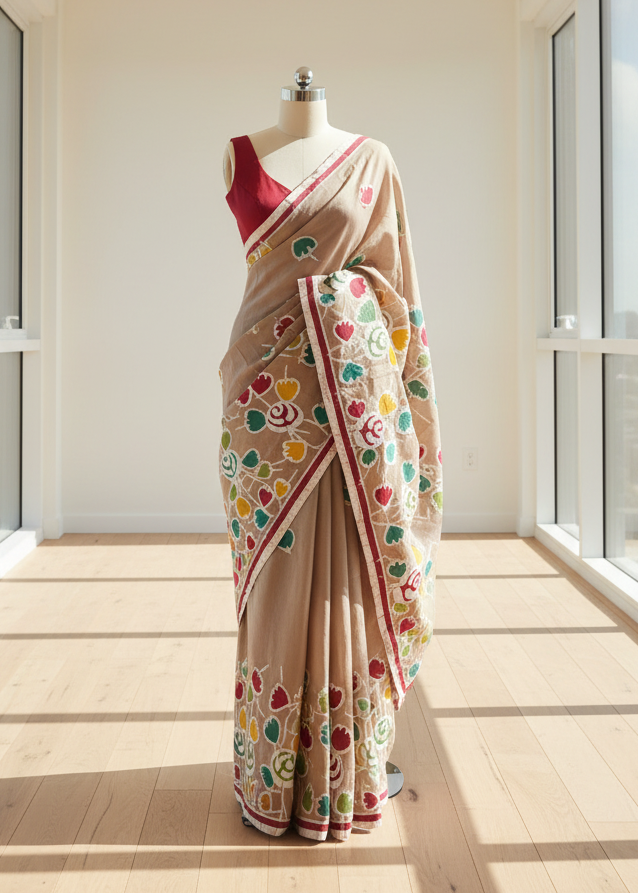 Beige cotton saree with colorful patterns on a mannequin against a neutral background