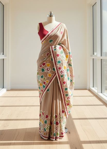 Beige cotton saree with colorful patterns on a mannequin against a neutral background
