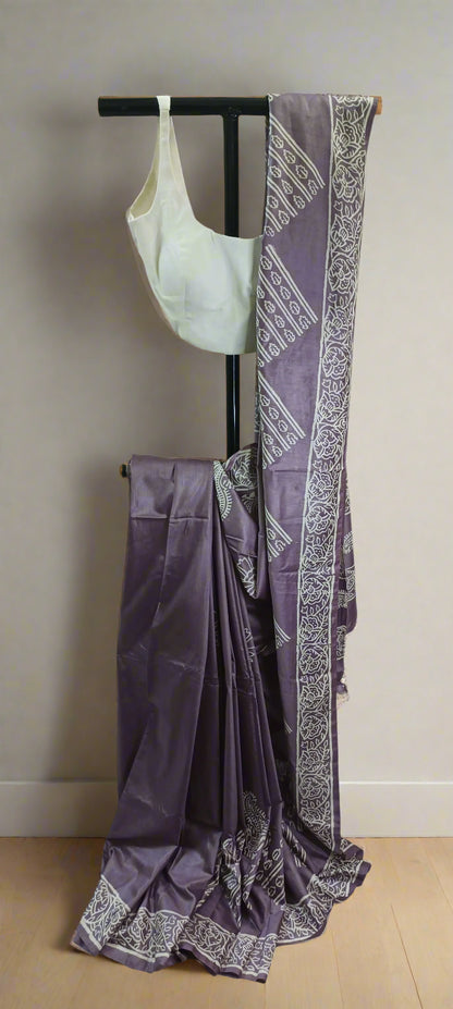 Lilac Kalpataru Bishnupuri Block Print Saree