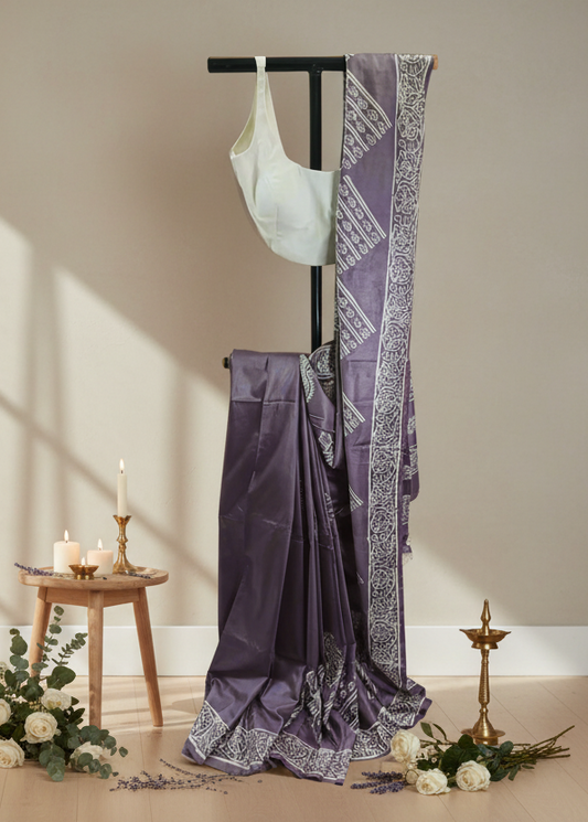 Lilac Kalpataru Bishnupuri Block Print Saree